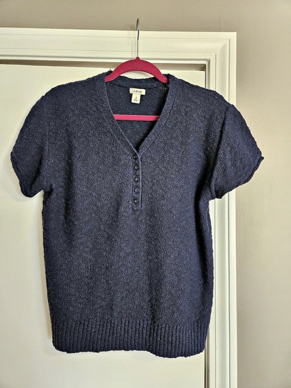 L.L. Bean Navy Blue V-Neck Short-Sleeve Henley Knit Top